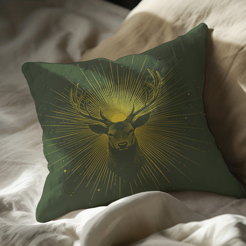 A pillow cover with a majestic stag illustrated in metallic gold on deep moss green fabric. Gleaming rays extend outward from the deer's head, with small golden stars dispersed throughout.